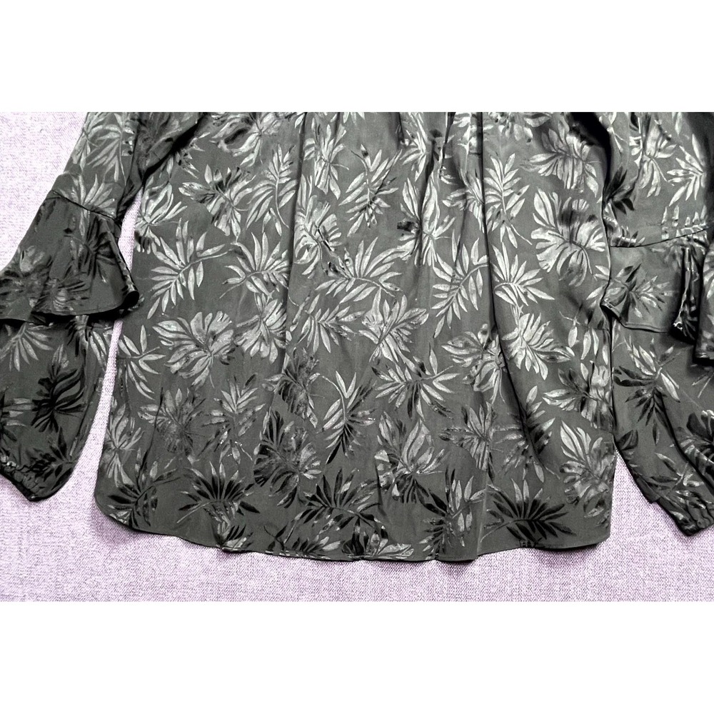 Michael Kors Blouse Top Womens Large Olive Green Floral Ruffle Sleeve Boat Neck - Picture 2 of 14